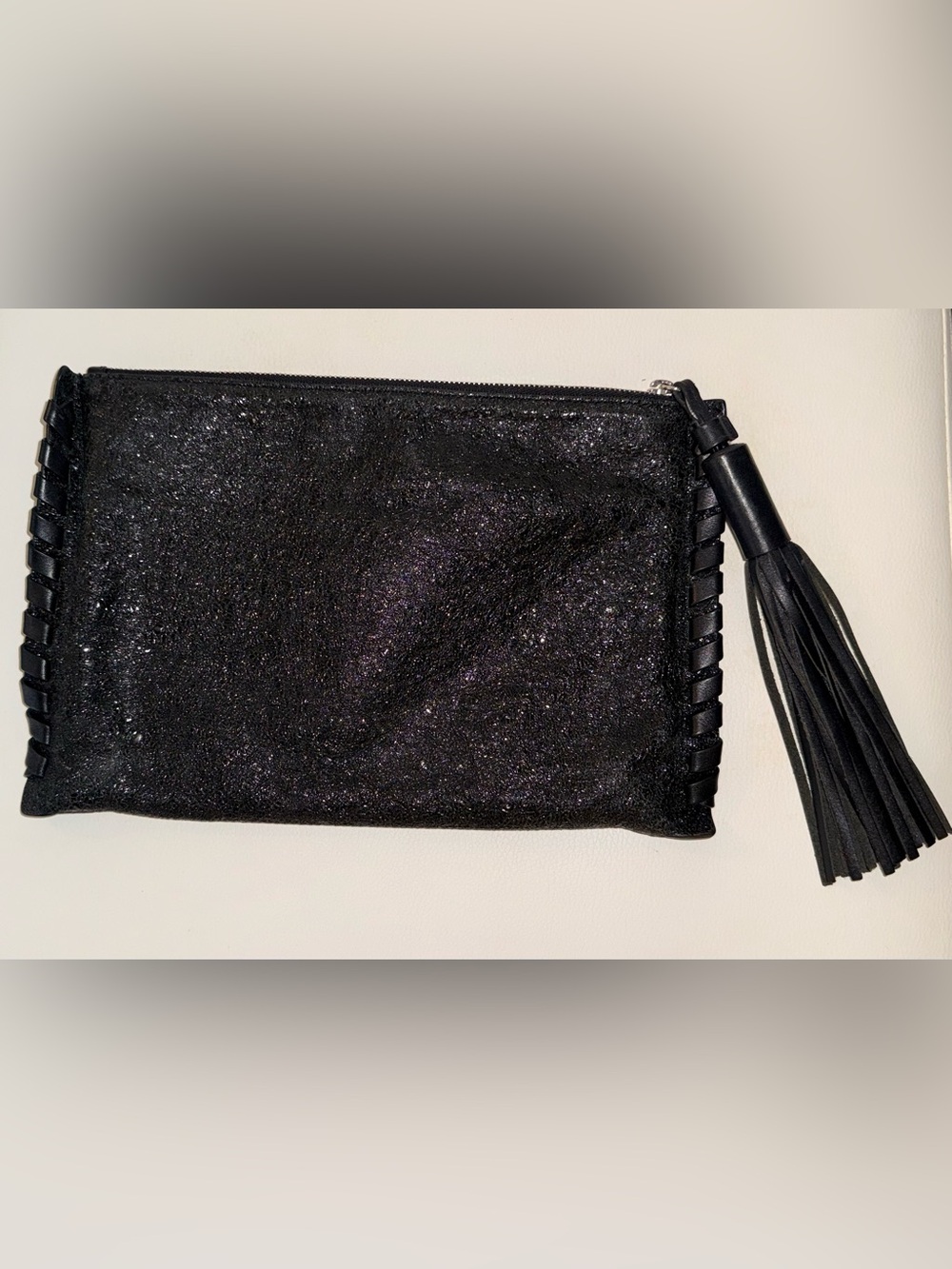 All Saints Black Leather Woven Tassel Zip Sheen Clutch